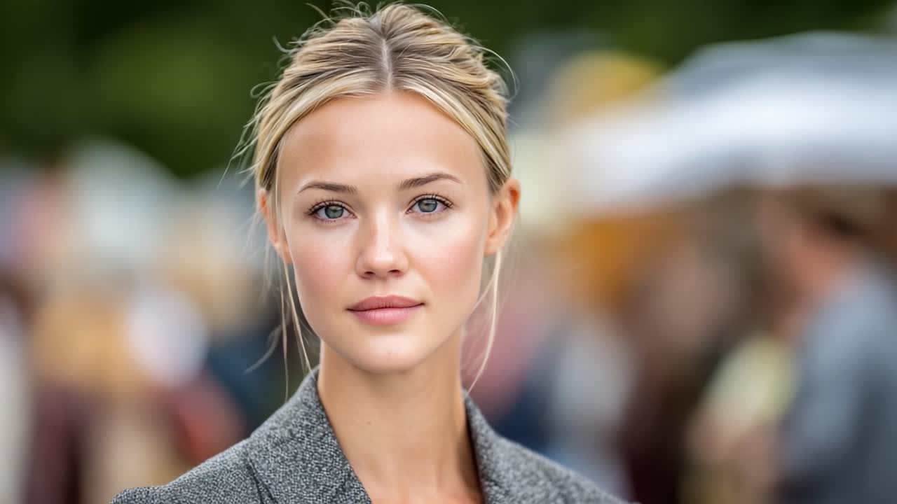 Fængslende portræt af et selvsikkert individ med naturlig skønhed, der fremviser en elegant stil mod en sløret baggrund af bløde farver og former