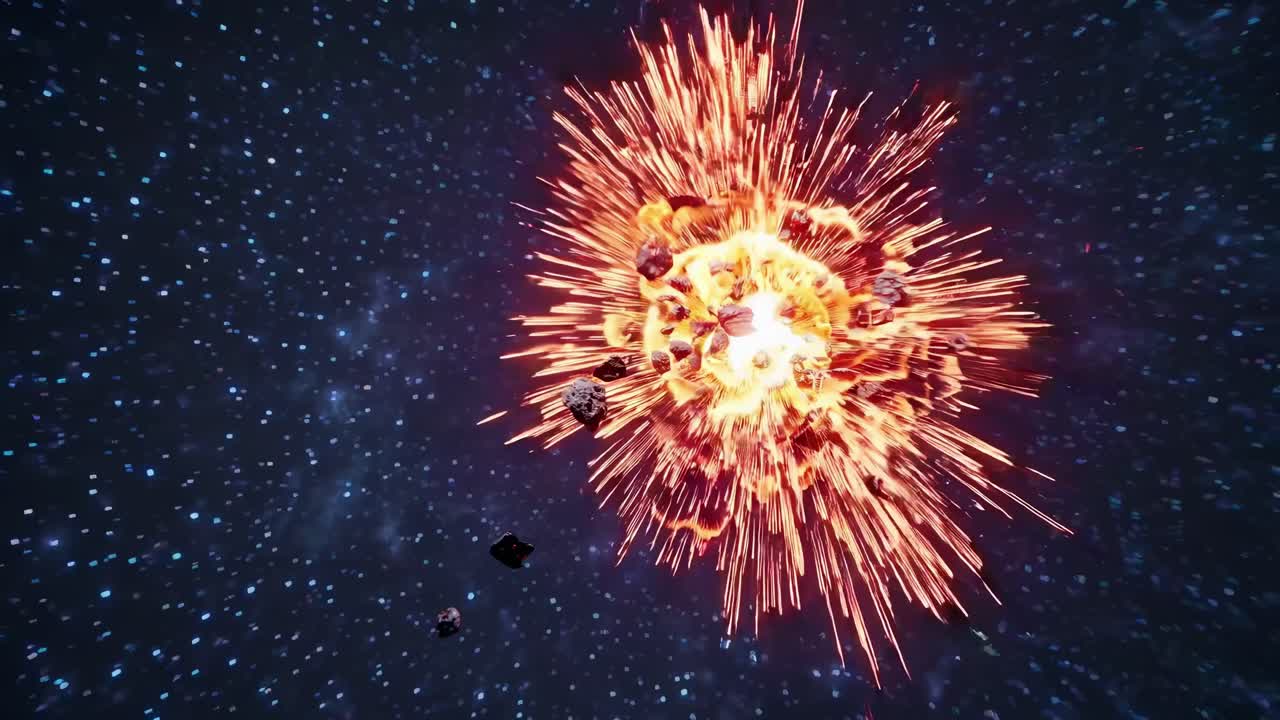 Dynamic video of a fiery asteroid explosion in space, captured from a wide-angle perspective