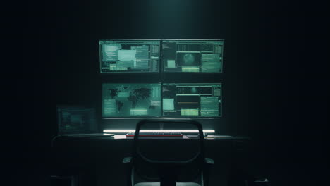 configuración de computadora de sala oscura con varios monitores