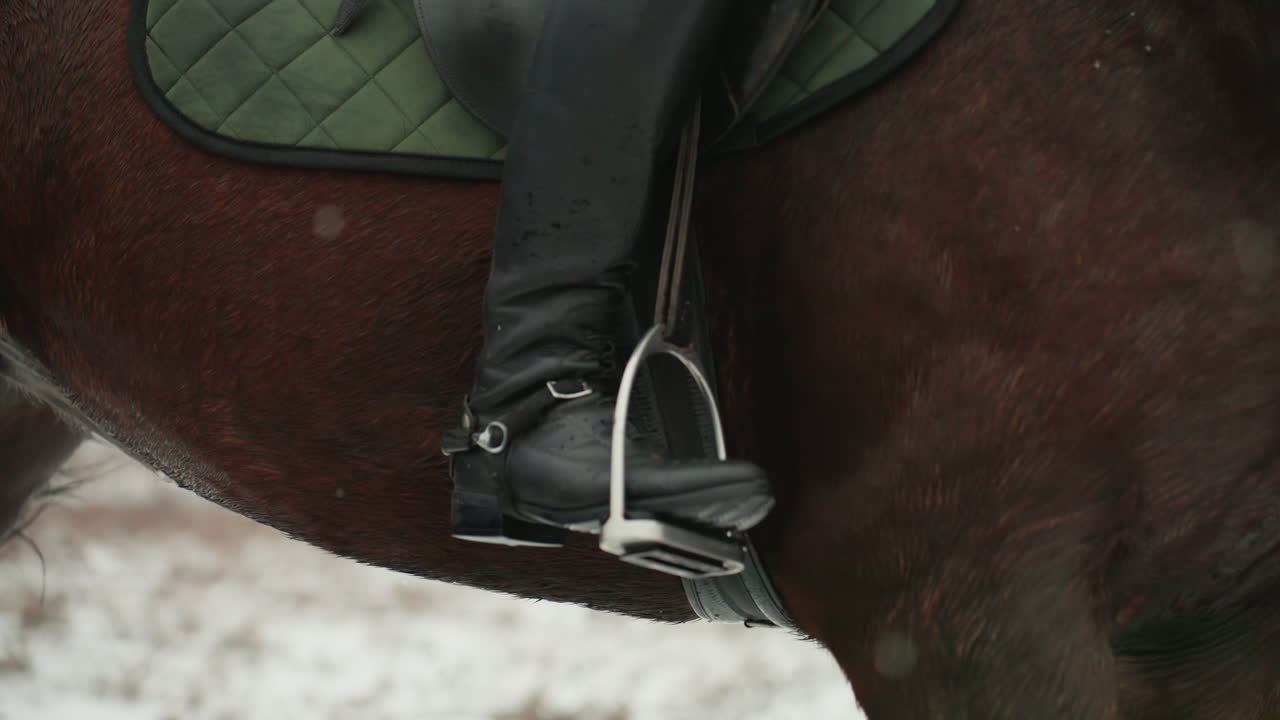Primo piano della sella e della gamba del cavaliere nella neve, momento di addestramento a cavallo che si concentra su staffa, sottopancia e finimenti in cuoio, postura equilibrata del cavaliere, sottosella verde visibile, sfondo rurale innevato, tono didattico.