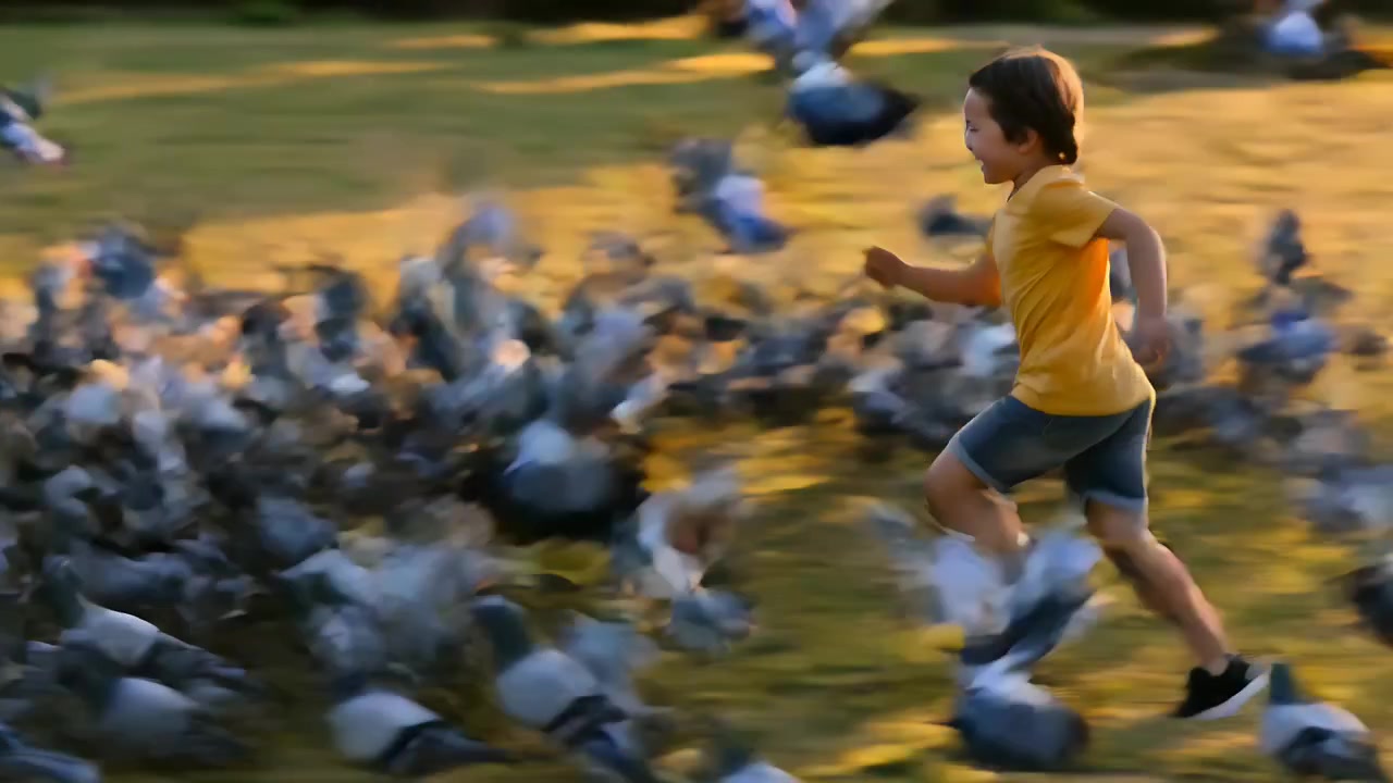 Bambino che corre con maglietta gialla e pantaloncini di jeans, si avvicina a uno stormo nel parco, spaventando i piccioni che volano via.