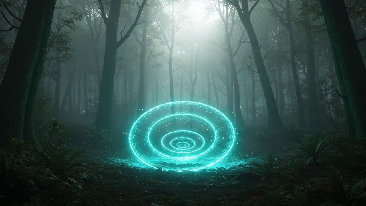 Enigmatic Energy Portal in a Misty Forest: A Captivating Visual of Surreal Glow Amidst Tall Trees and Lush Foliage, Inviting Exploration and Imagination