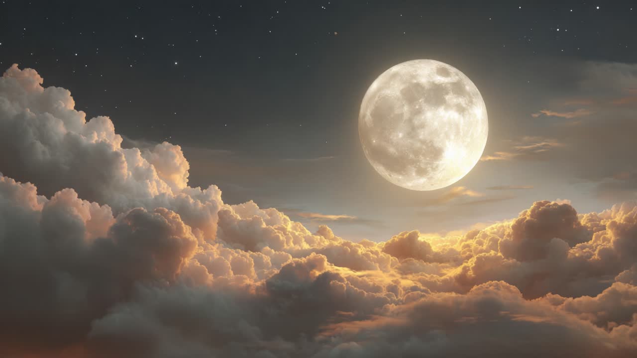 Captivating Lunar Glow: A Breathtaking View of a Full Moon Illuminating the Clouds Under a Starry Night Sky