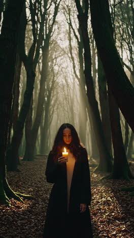 woman holding a lit candle in a misty forest with sunbeams