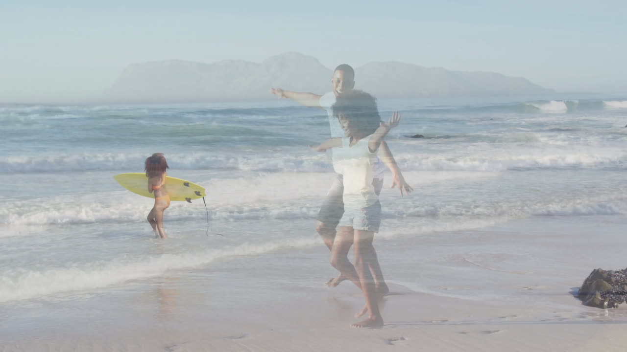 Family walking with arms outstretched on sandy beach, featuring animated surfboard icon for travel