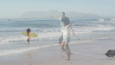 family walking with arms outstretched on sandy beach, featuring animated surfboard icon for travel