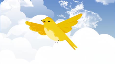 Animation-of-yellow-bird-on-blue-cloudy-sky-background