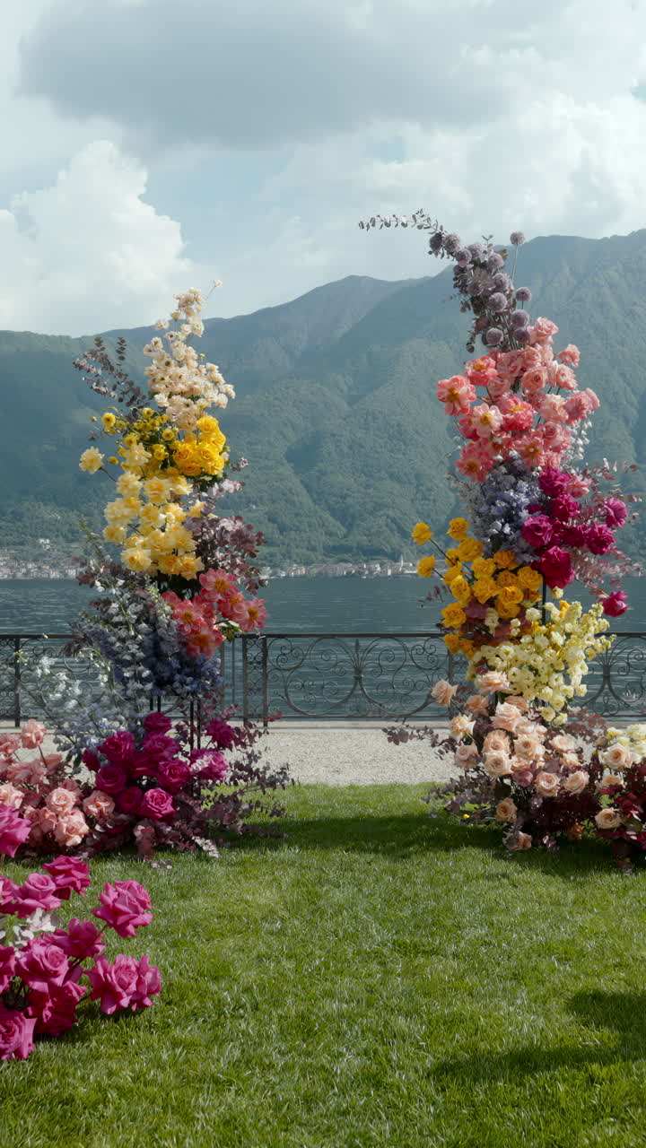 Beautiful Outdoor Wedding Ceremony with Flowers and Mountain View
