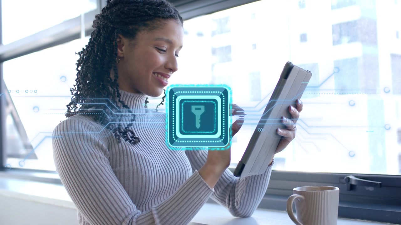 Woman tapping tablet screen initiating lit key icon, circuit lines enabling security access smiling