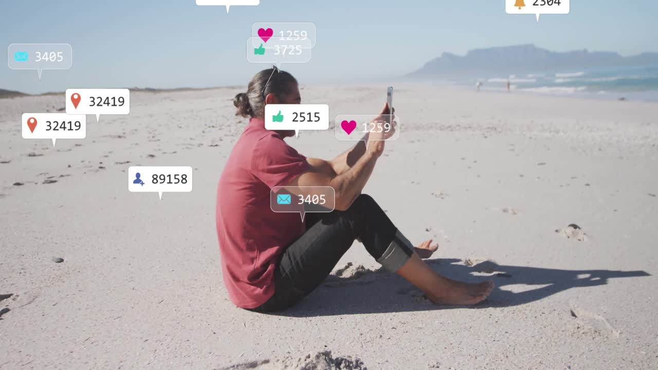 Man tapping smartphone at beach, activating social media icons indicating rising engagement metrics