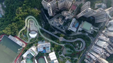 central hong kong, top down aerial view of traffic and city skyscrapers