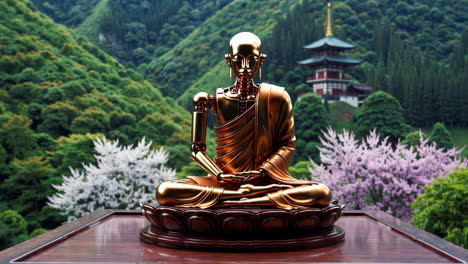 golden robotic buddha statue in a japanese garden