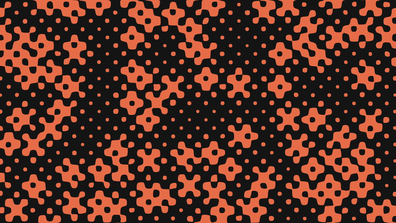 An abstract and modern design featuring small black and orange dots arranged in a grid pattern on a black background