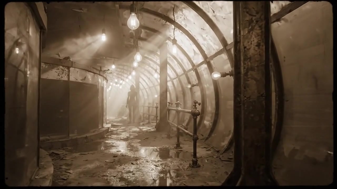 Un tunnel abbandonato illuminato in modo suggestivo, pieno di ombre inquietanti e luci calde, che evoca un senso di mistero e nostalgia in uno spazio sotterraneo dimenticato.