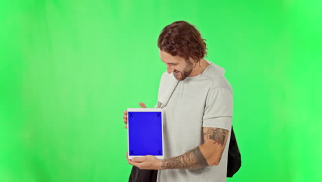 hombre, tableta o pantalla verde