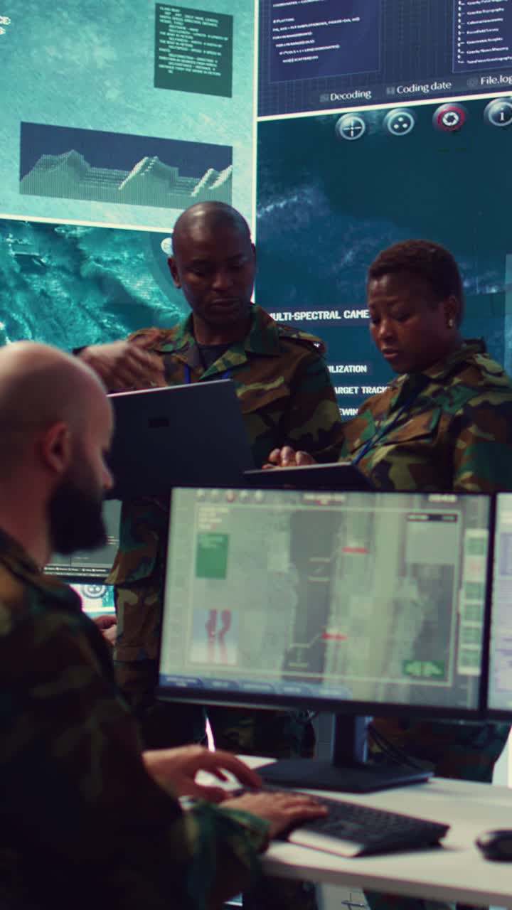 Military Officers Discussing Strategy in High-Tech Command Center