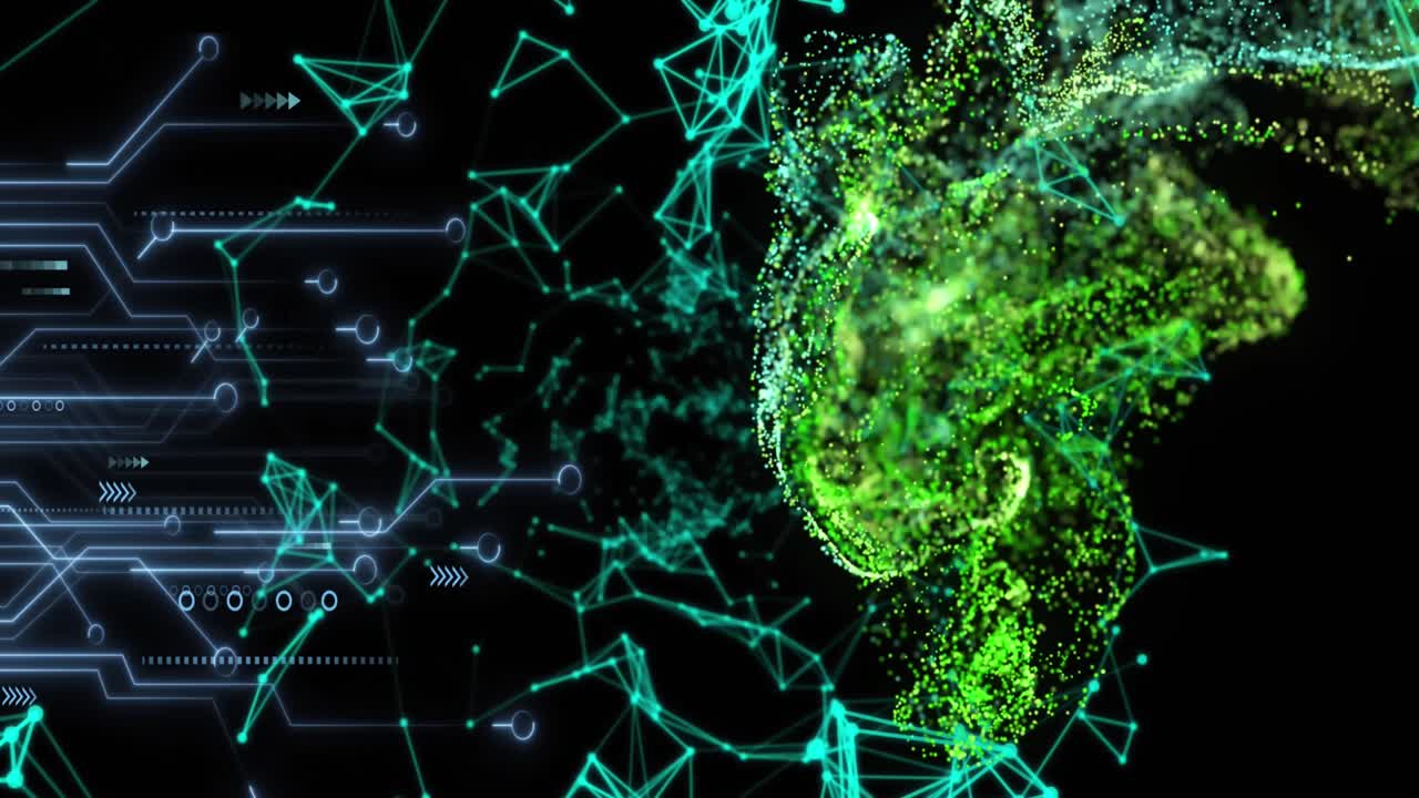 animación de puntos iluminados conectados y patrones de placas de circuitos con ondas dinámicas de puntos