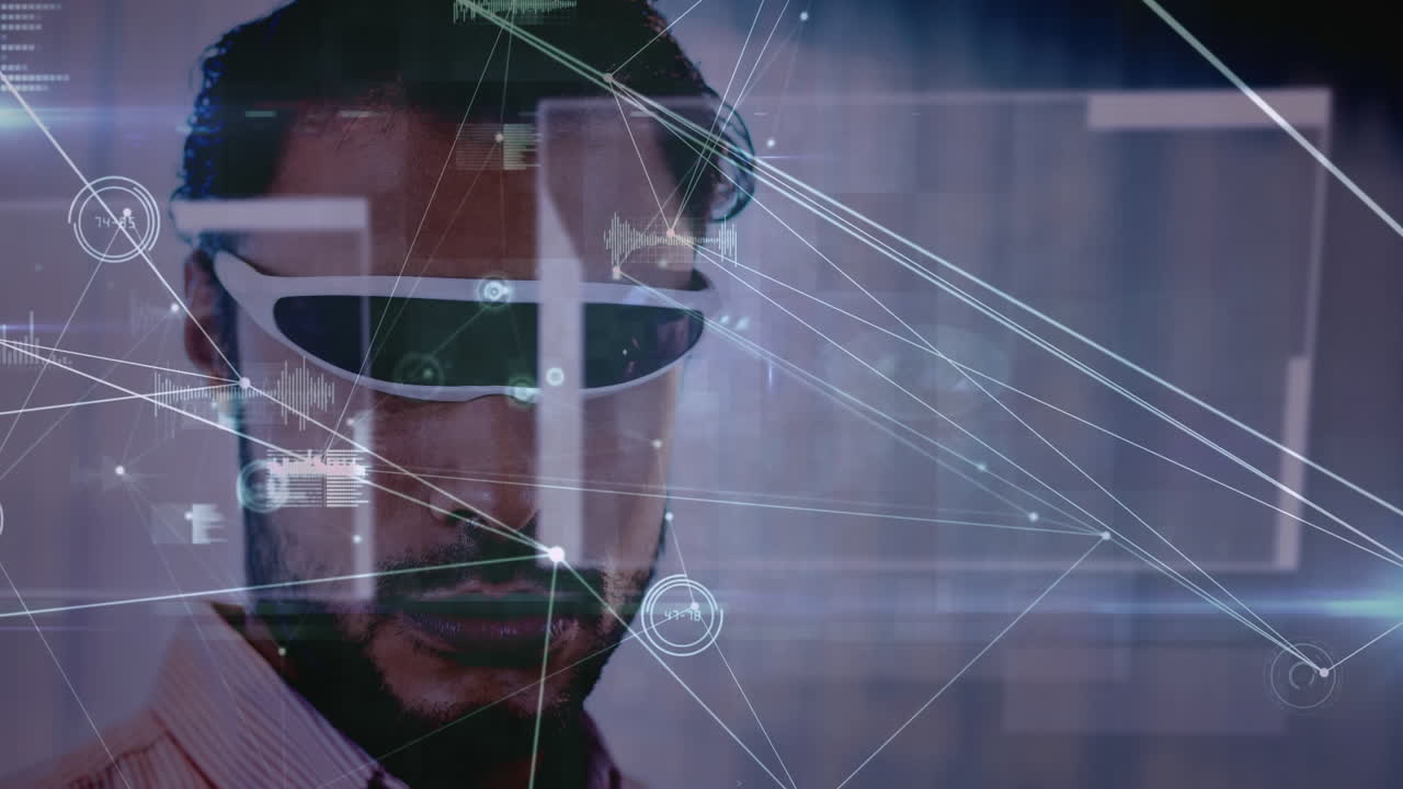 Animation of network of connections and statistics over businessman wearing vr headset