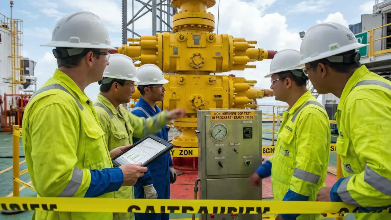 Engineers Discussing Data and Equipment on an Offshore Oil Rig ...