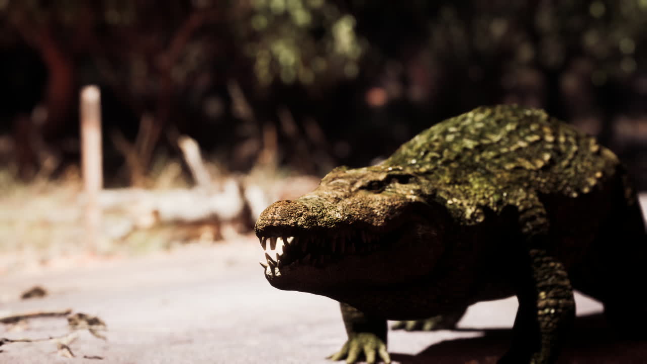 Crocodile walking on a rocky surface in a natural environment during daylight