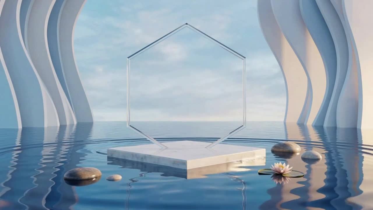 Minimal sekskantet ramme svævende over roligt vand med sten og blomst i futuristisk abstrakt landskab