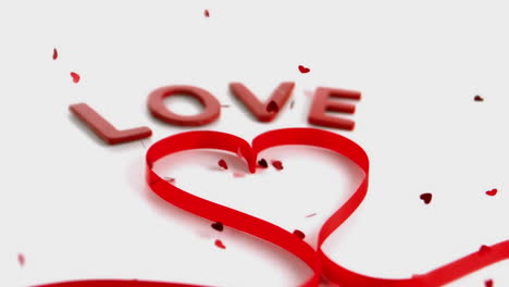 animation of red shapes over word love and red ribbon in heart shape with confetti falling on white