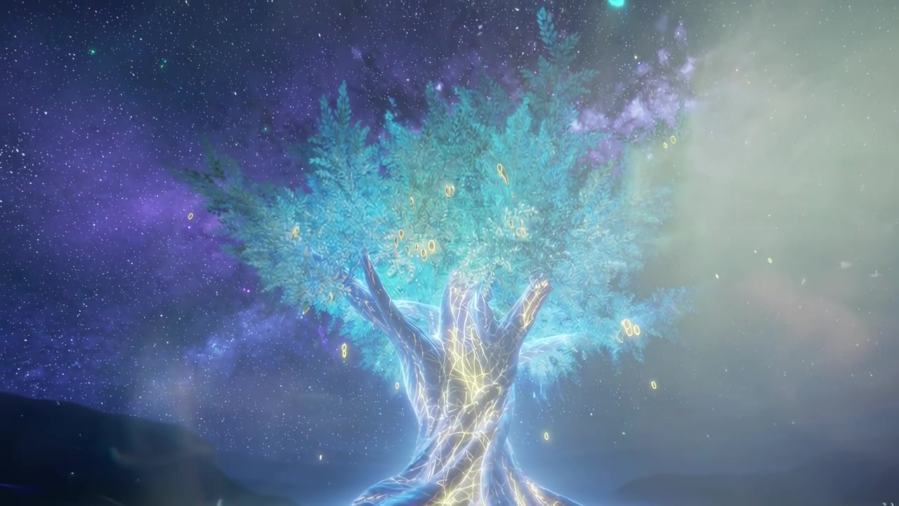 Albero magico luminoso in un campo di fiori vivace sotto un cielo notturno stellato