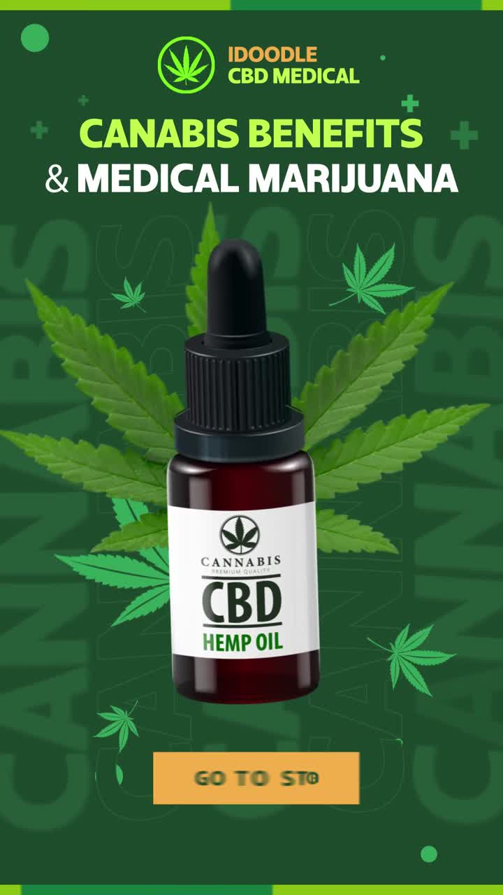 Flacone di olio di canapa CBD esposto con foglie di cannabis e benefici medici.