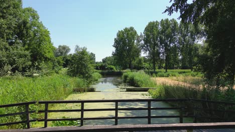 Drone-shot-over-a-footbridge-over-a-canal-in-the-nature-park-of-Almere,-Flevoland-province,-the-Netherlands