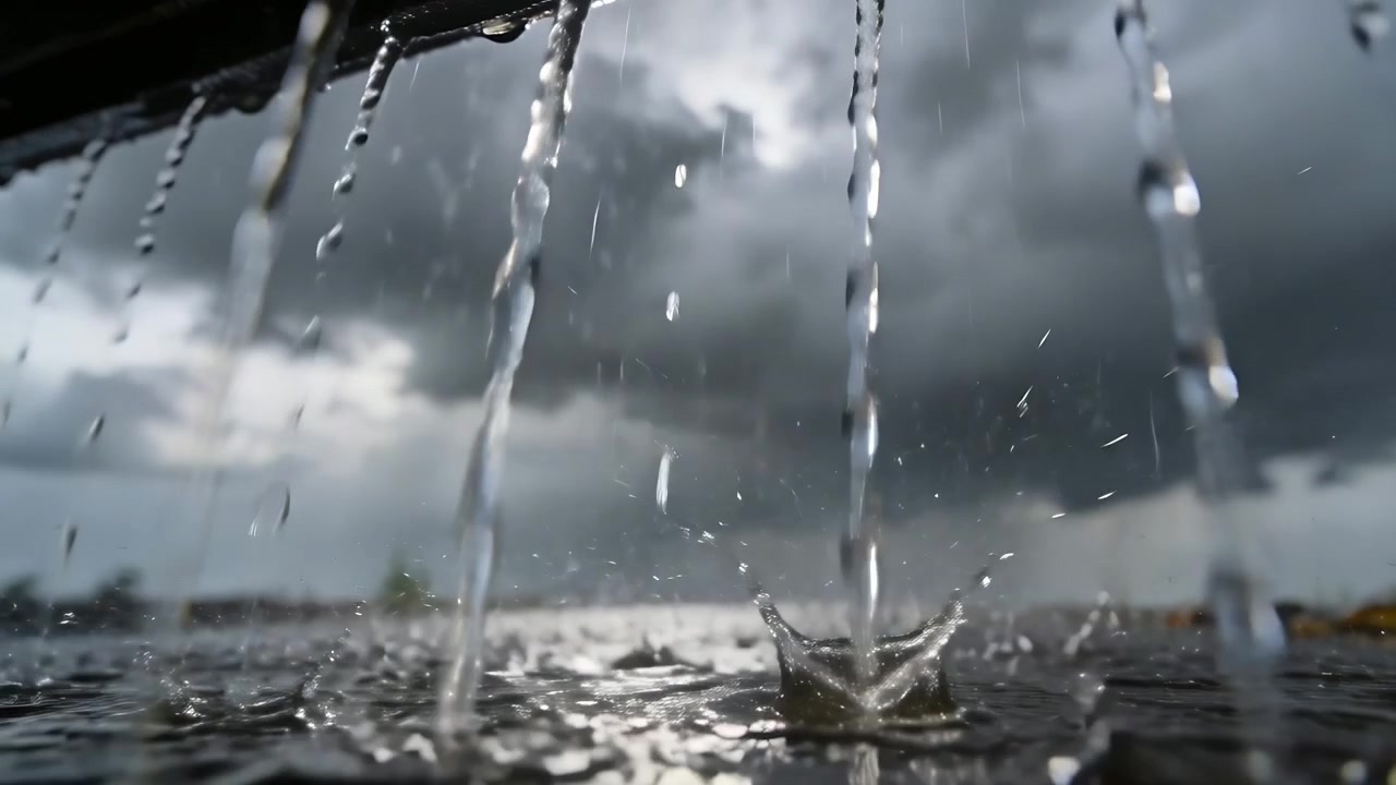 Kapající voda se mění v déšť, mraky se hromadí a dopadá na vodu pod okapem u břehu.