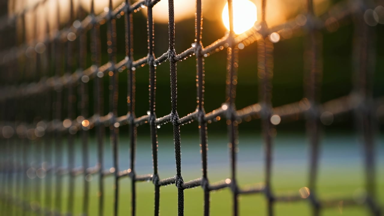 Rete sportiva scura intrecciata riempie il primo piano con nodi nitidi, linee diagonali e un caldo bagliore del tramonto, mentre un campo verde soffice, bokeh dorato e messa a fuoco ridotta creano un'atmosfera atletica esterna calma.