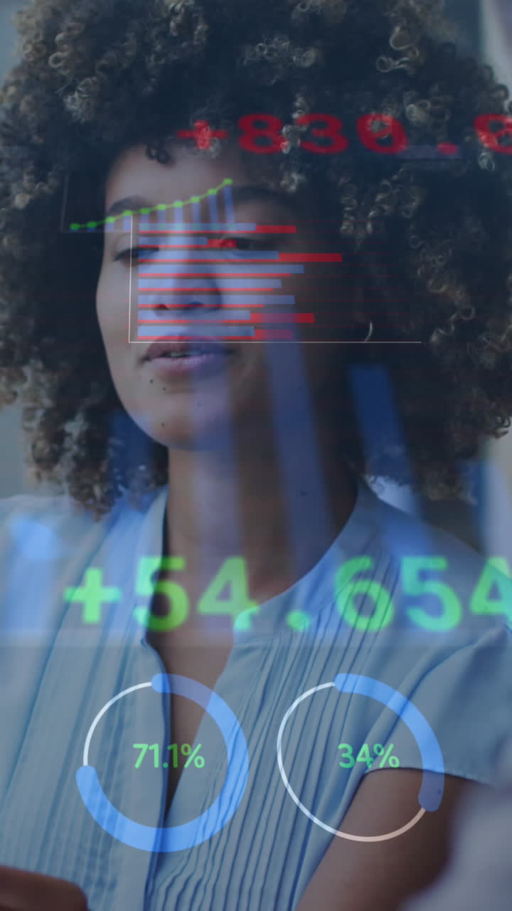 Animation of data processing over diverse businesswomen talking