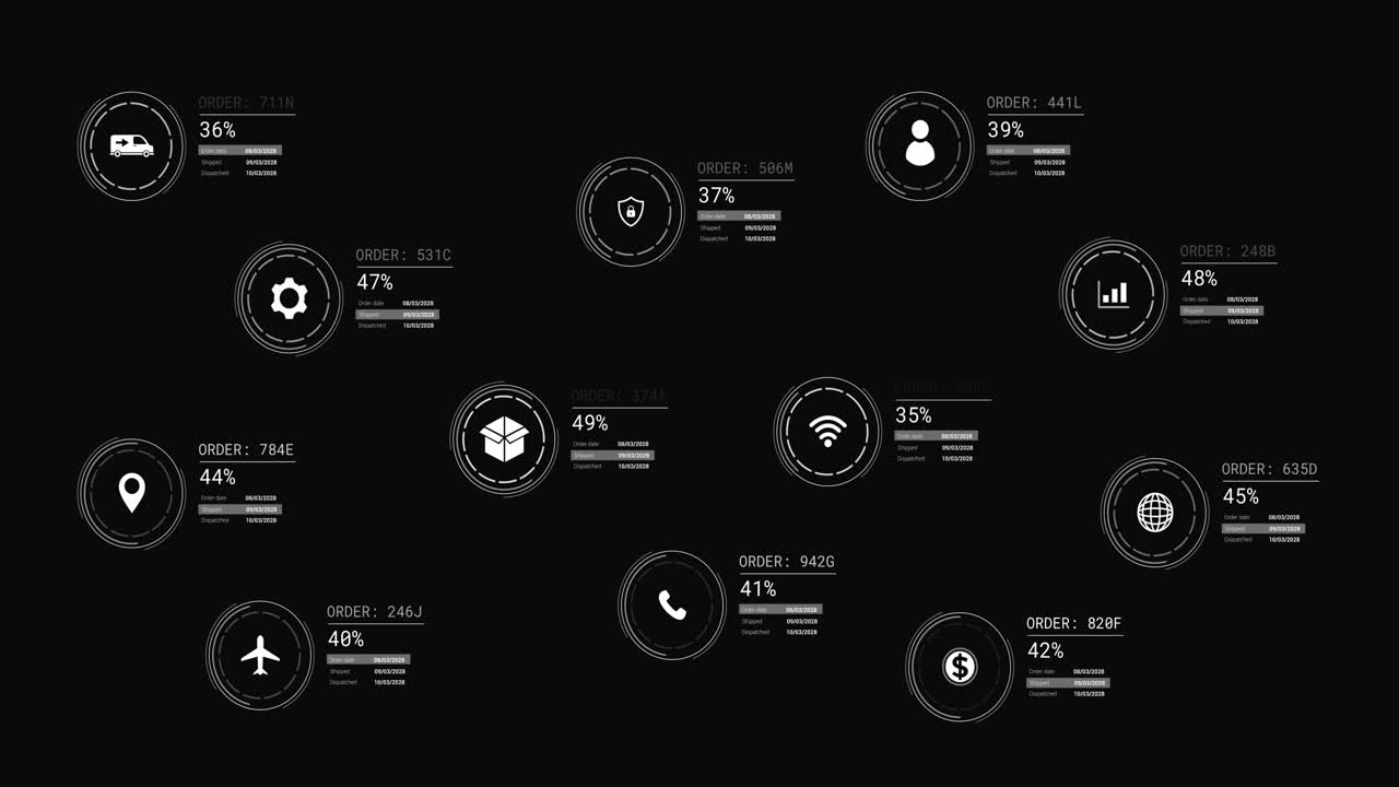 animación de iconos con procesamiento de datos en fondo negro