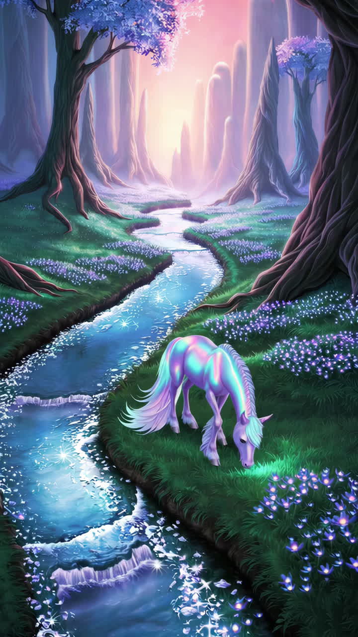 A Magical Unicorn in an Enchanted Forest with a Glowing Stream