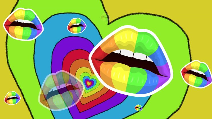 Animazione di labbra arcobaleno su sfondo di cuori arcobaleno