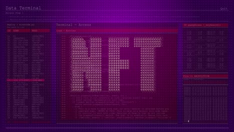 Banner-De-Texto-Nft-Contra-Interfaz-De-Computadora-Con-Procesamiento-De-Datos-Contra-Fondo-Morado