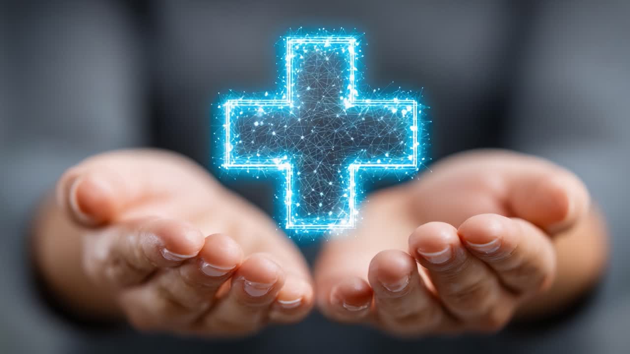Un simbolo di croce medica luminosa tenuto in mano, che rappresenta assistenza sanitaria, guarigione e aiuto medico su uno sfondo sfocato incentrato su benessere e compassione.