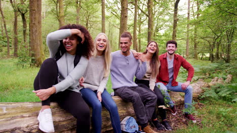 Five-happy-young-adult-friends-sitting-on-a-fallen-tree-in-a-forest-taking-a-break-during-a-hike,-handheld