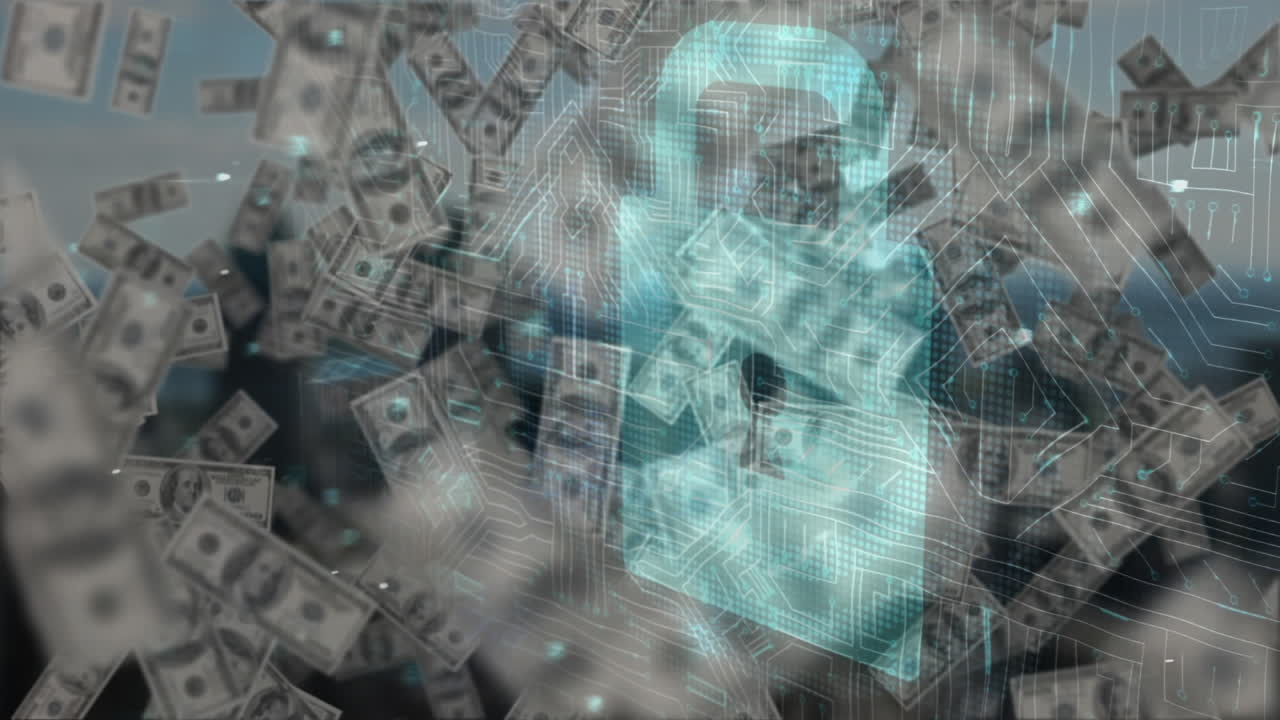 animación de un circuito integrado y un candado de seguridad sobre billetes de dólar que caen