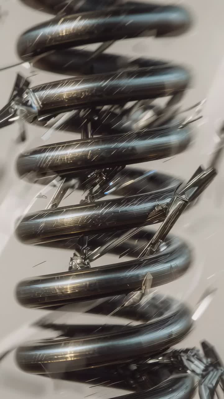 Vertical video: Sliding macro camera moving down vertical spring, revealing lint and metal shavings