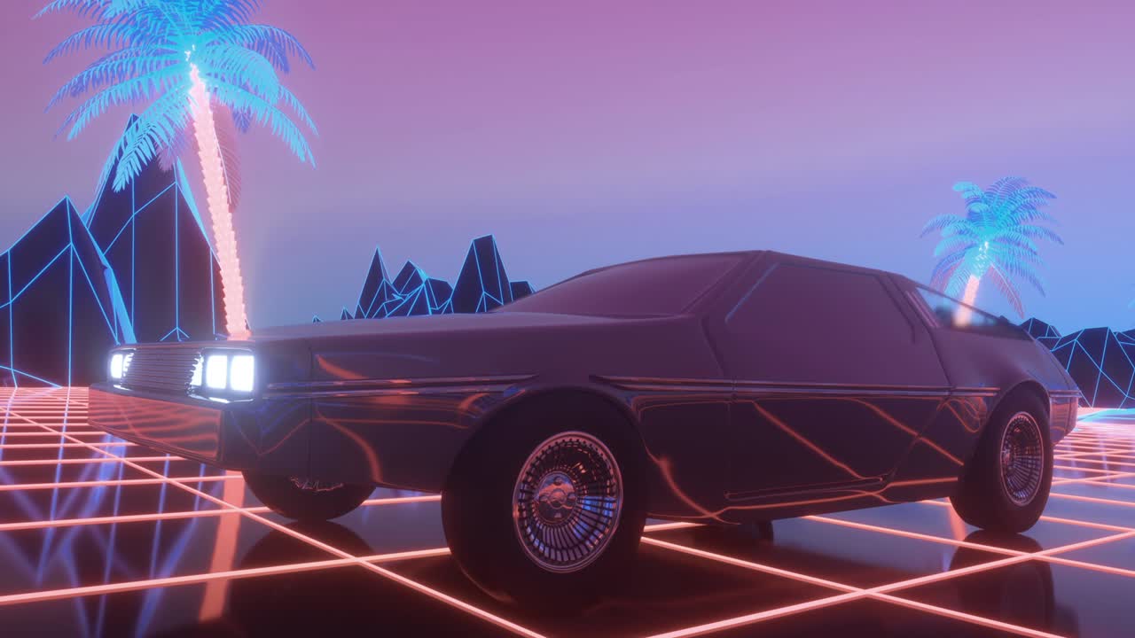 Futuristic car drive through neon abstract space. Retrowave background