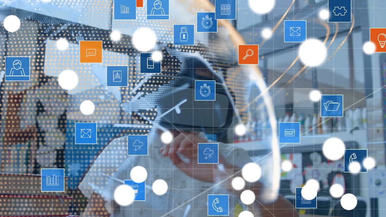 연결 및 아이콘의 네트워크와 함께 가상 현실 헤드 ⁇ 을 착용한 어린이의 애니메이션