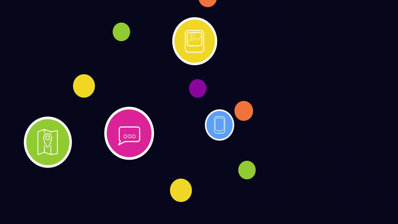 animación de iconos digitales flotantes sobre un fondo negro