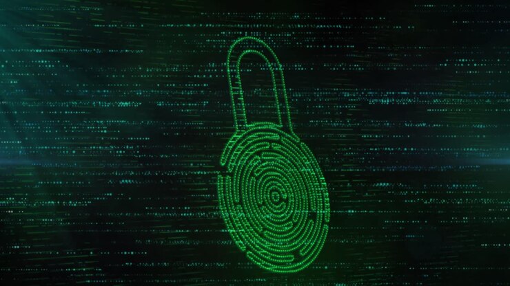 Animation of data processing and padlock over black background