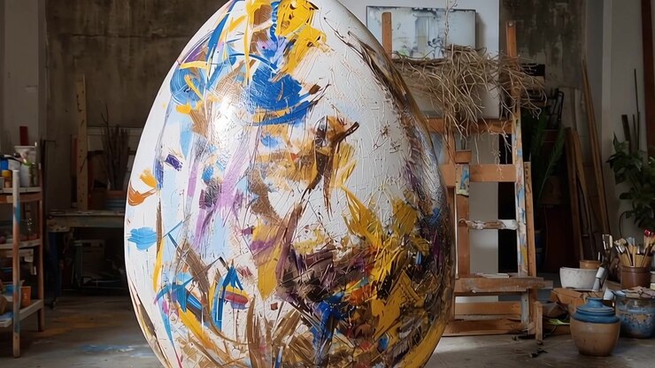 Sculpture d'œuf peinte abstraite et colorée dans l'atelier d'un artiste