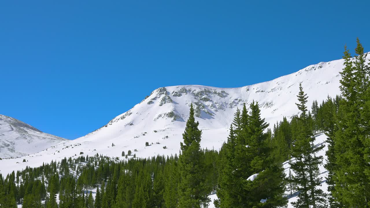 Veduta della cima montuosa innevata nelle Montagne Rocciose del Colorado in inverno.