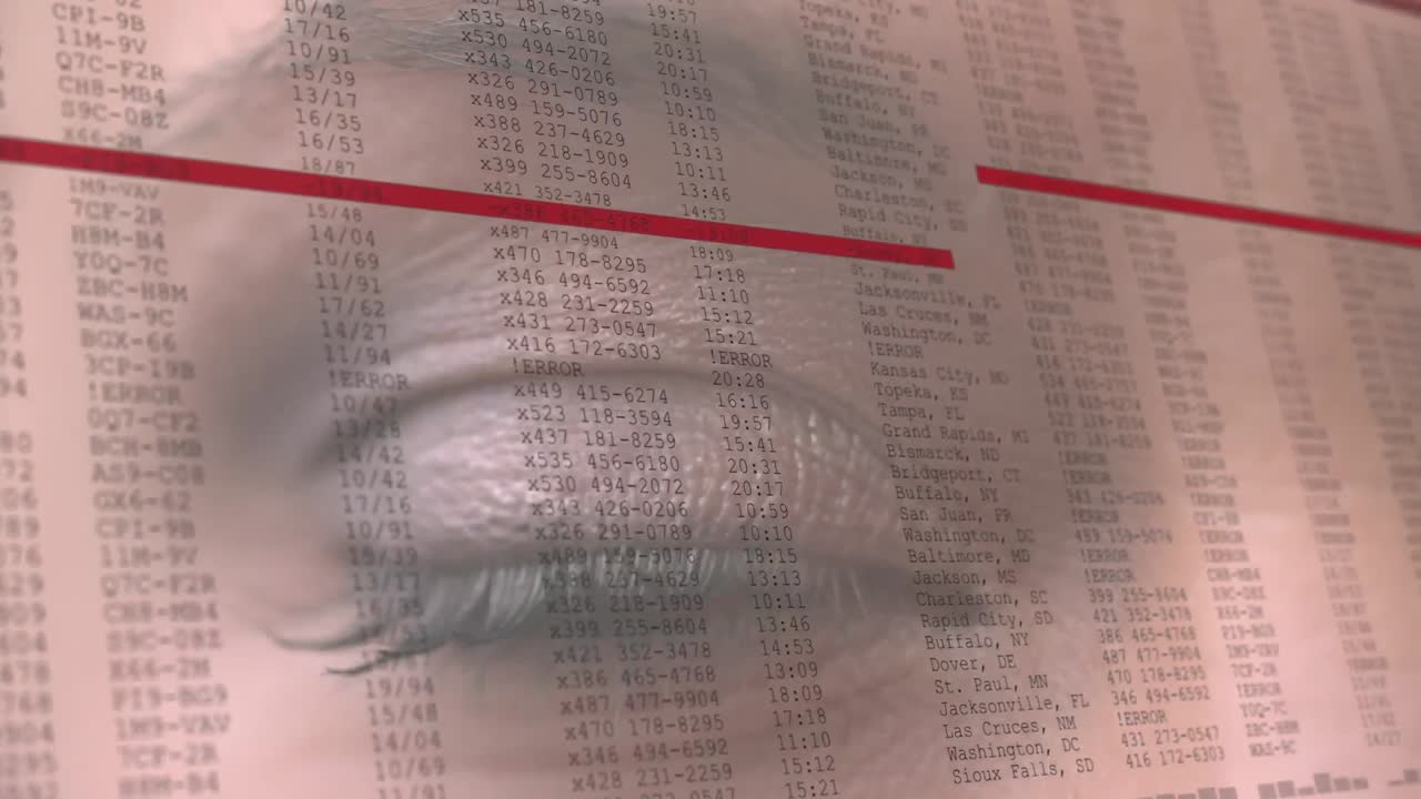 Animation of woman's green eye opening and fast scrolling digital information with red lines