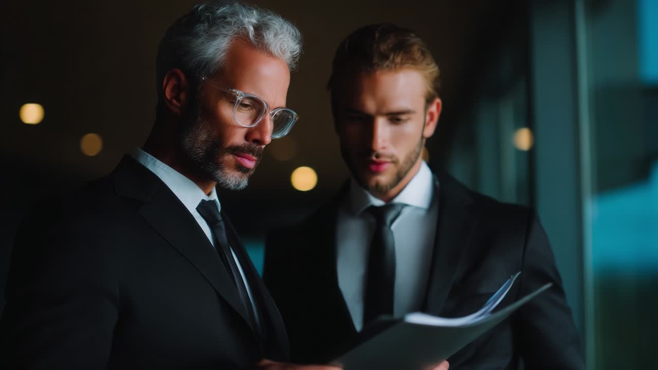 To professionelle i samtale: En indsigtsfuld udveksling mellem en erfaren leder og en ung medarbejder, der inspicerer vigtige dokumenter i et moderne kontormiljø