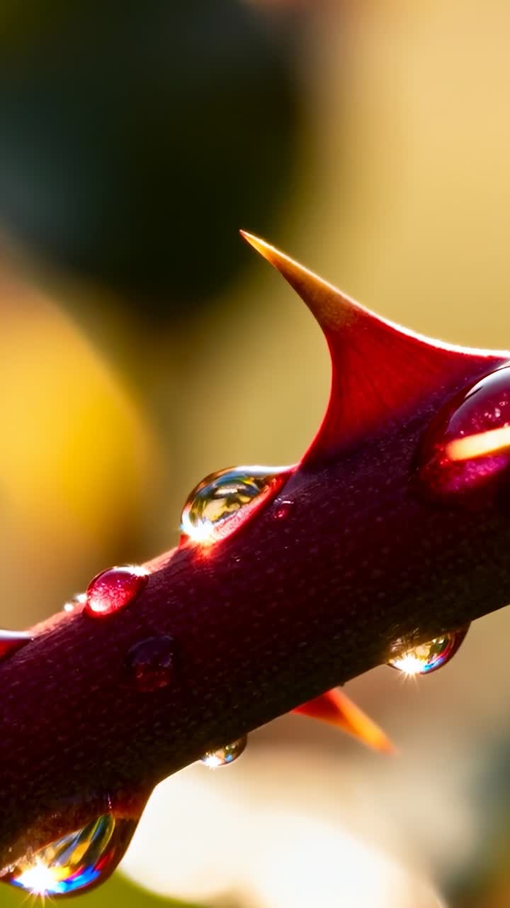 Video verticale: cambio di camera che sposta la messa a fuoco su uno stelo rosso con una spina curva in un giardino, che mostra la rugiada