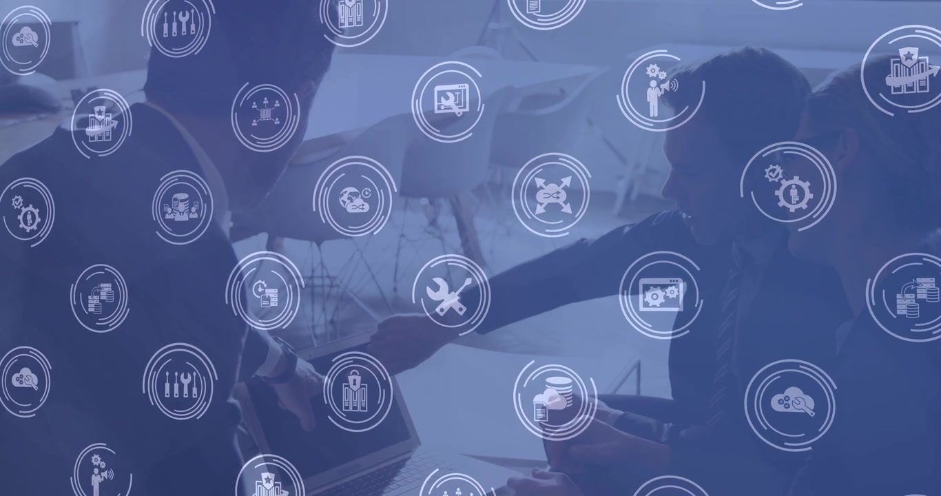 Animation of technology icons over diverse businesspeople in office
